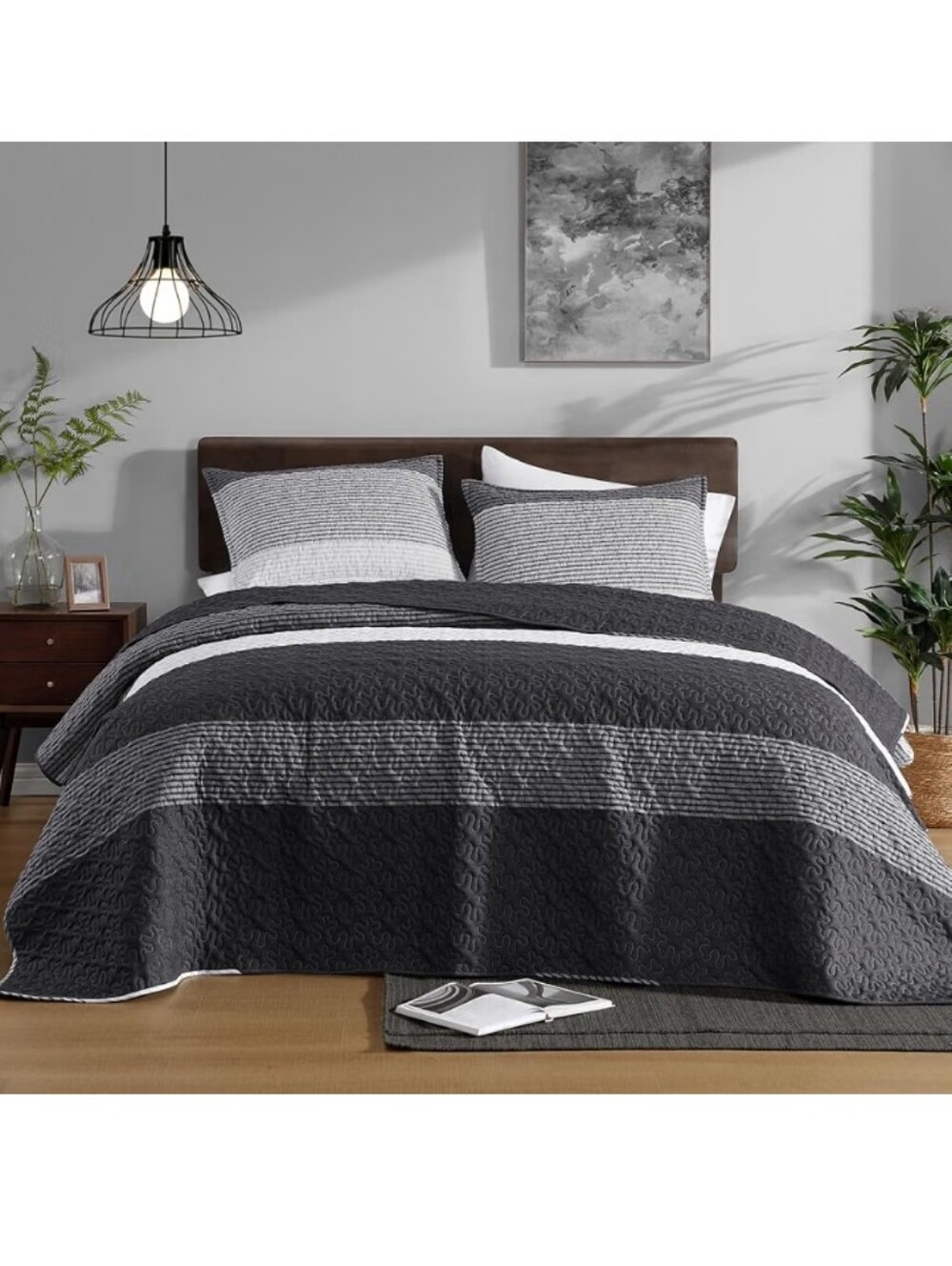 Litanika Queen Size Quilt, 3 Pcs Black and White Stripe Bedding Set Lightweight